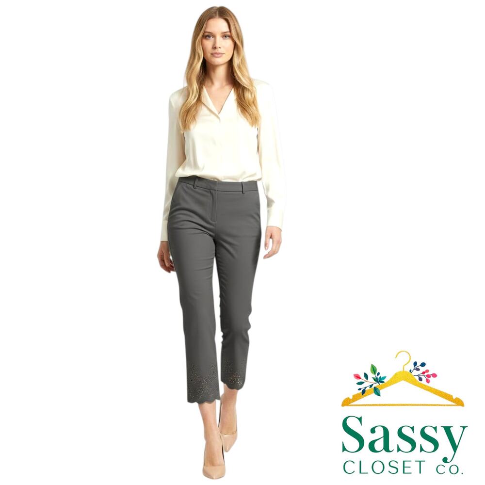 WHBM Black Straight Crop Pants 8 Scalloped Eyelet Hem Career Stretch EUC